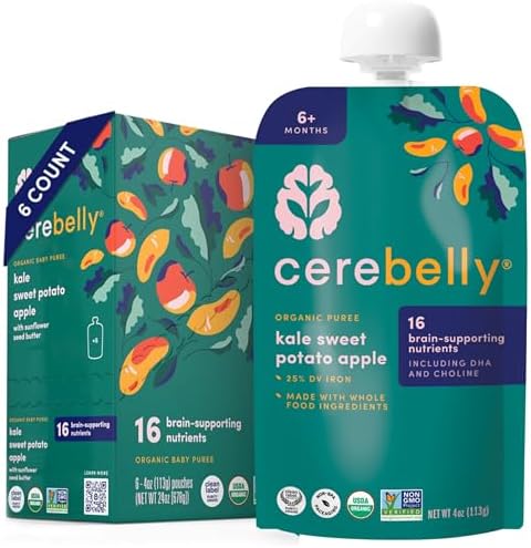 Cerebelly Organic Baby Food Pouches, Kale Sweet Potato Apple Purees, 16 Nutrients, No Added Sugar, Fiber & Non-GMO, 4oz, 6 Pack