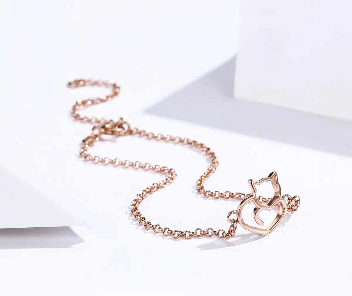 925 Sterling Silver Cat Heart Bracelet Rose Gold Plated for Cat Lovers