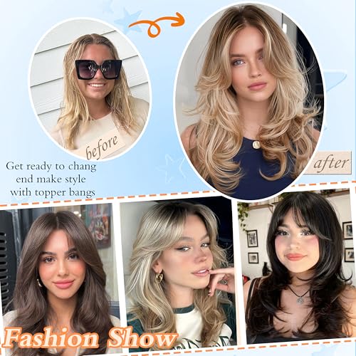 Image of Synthetic Hair Topper with Bangs 18 Inch Layered Toppers for Women with Thinning Hair 5.5 inch x 5 inch hand Tied Forehead Hairline 360 3D Cover Wispy Synthetic Toppers Hair for Women Fiber Wiglets
