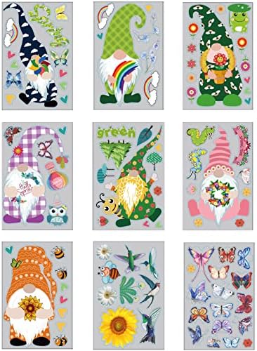 9 Sheet Spring Window Stickers,Garden Gnome Window Stickers Flower Butterfly Window Decals Decoration,Double-Sided Gnome PVC Static Stickers Self-Adhesive Stickers for Children Window Clings (A)