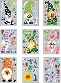 9 Sheet Spring Window Stickers,Garden Gnome Window Stickers Flower Butterfly Window Decals Decoration,Double-Sided Gnome PVC Static Stickers Self-Adhesive Stickers for Children Window Clings (A)