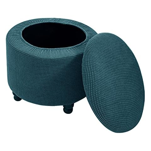 SOPARLLY Round Ottoman Cover with Storage 2-Piece Stretch Stool Slipcover Soft Footstool Protector Covers Washable Storage Stool with Cover Lid Folding Stool Covers for Living Room (Lake Blue) Cover