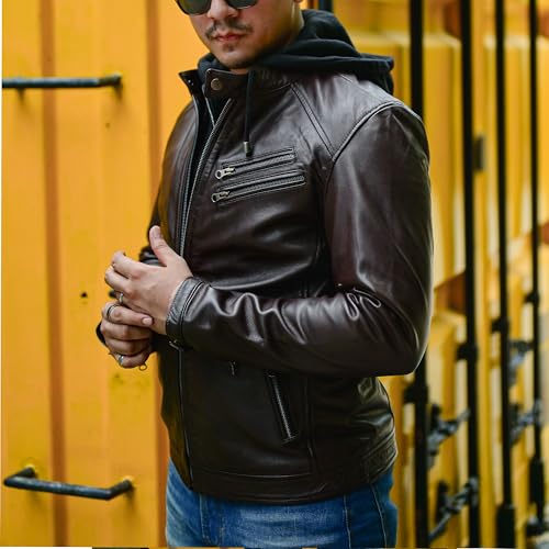 Image of Jild Hooded 2.0 Leather Jacket Men - Genuine Lambskin Leather Bomber Jacket with Removable Hood for Mens Fashion