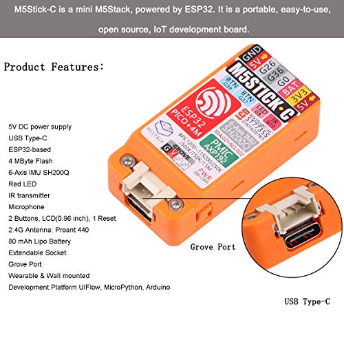 M5StickC ESP32 Mini IoT Development Board Official Blockly Module with Color 0.96 inch LCD Color Screen Display, Microphone, Grove Interface, Built-in 4MB Flash for Ar duino and UIFlow Programming