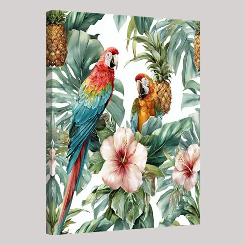 Feuilles De Palmier Vertes Impression artistique Oiseaux Perroquet sur toile 50x40 cm Tableau mural moderne avec cadre bois naturel Décoration maison pour...