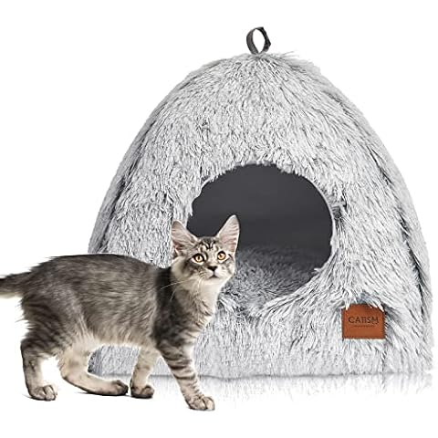 Katzenbett CATISM Waschbar Katzenschlafplatz für Katzen Katzenhöhle Plüsch Haustier Katzenkopfkissen Katzenhaus Katzenkissen Flauschiges Kätzchen Welpen Kuschelbett Haustierbett Grau Cover