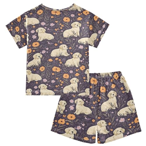 ALAZA Golden Puppy Dog Poppy Flower Pajamas Set Short Sleeve Cotton Sleepwear Summer Pjs 2 Piece 5-14Y2