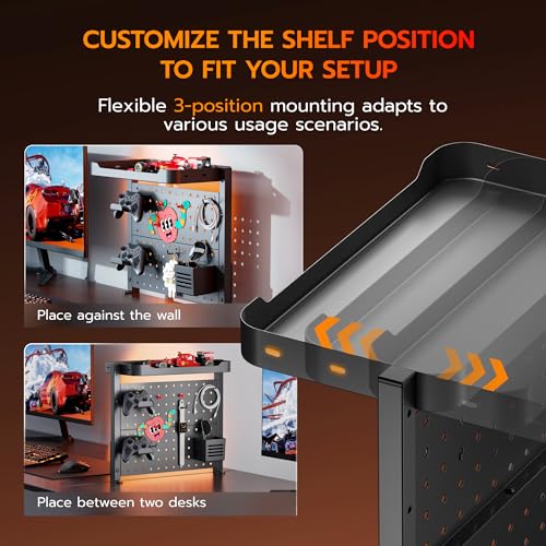 Image of ARES WING Desk Clamp On Pegboard with 16 inches Organizer Shelf, Adjustable Above or Under Desk Storage Shelf Holds 44 lbs, Magnetic Metal Peg Board for Office and Gaming Accessories, Black