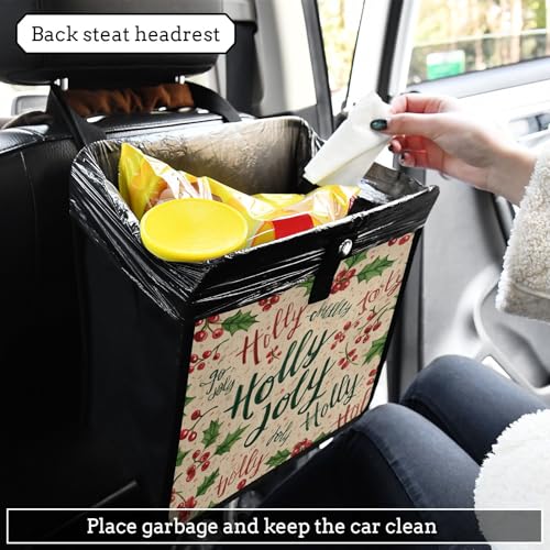 Image of Car Trash Can Organizer Bin with Adjustable Strap for Back Front Seat Console Waterproof Leakproof Collapsible Portable 11 Inch Beige Cherries Holly Jolly