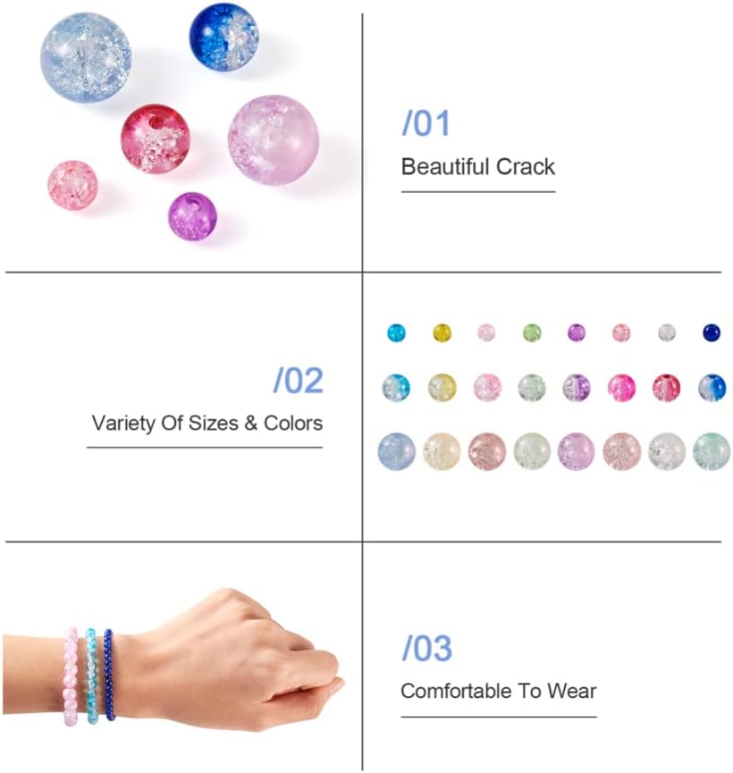 Cheriswelry 1800Pcs 4mm 6mm 8mm Crackle Glass Beads Colorful Round Crackle Glass Beads Loose Spacer Beads for DIY Necklace Bracelet Earring Jewelry Making