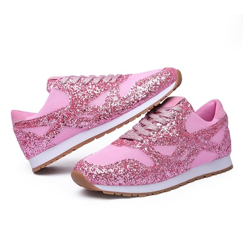 Women's Glitter Sneakers Lace up Casual Flat Sparkle Outdoor Non-Slip Leisure Walking Shoes3