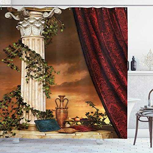 ABAKUHAUS Gothic Shower Curtain, Greek Style Scene Climber Pillow Fruits Vine and Red Curtain Sunset