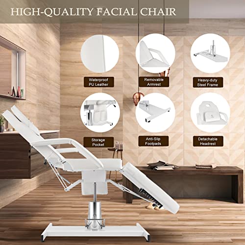 Hydraulic Facial Chair Tattoo Chair Adjustable Professional for Esthetician Beauty Lash Extensions Spa Table Esthetician Chair Spa Beds for Esthetician with Storage Pocket (White) - Image 4