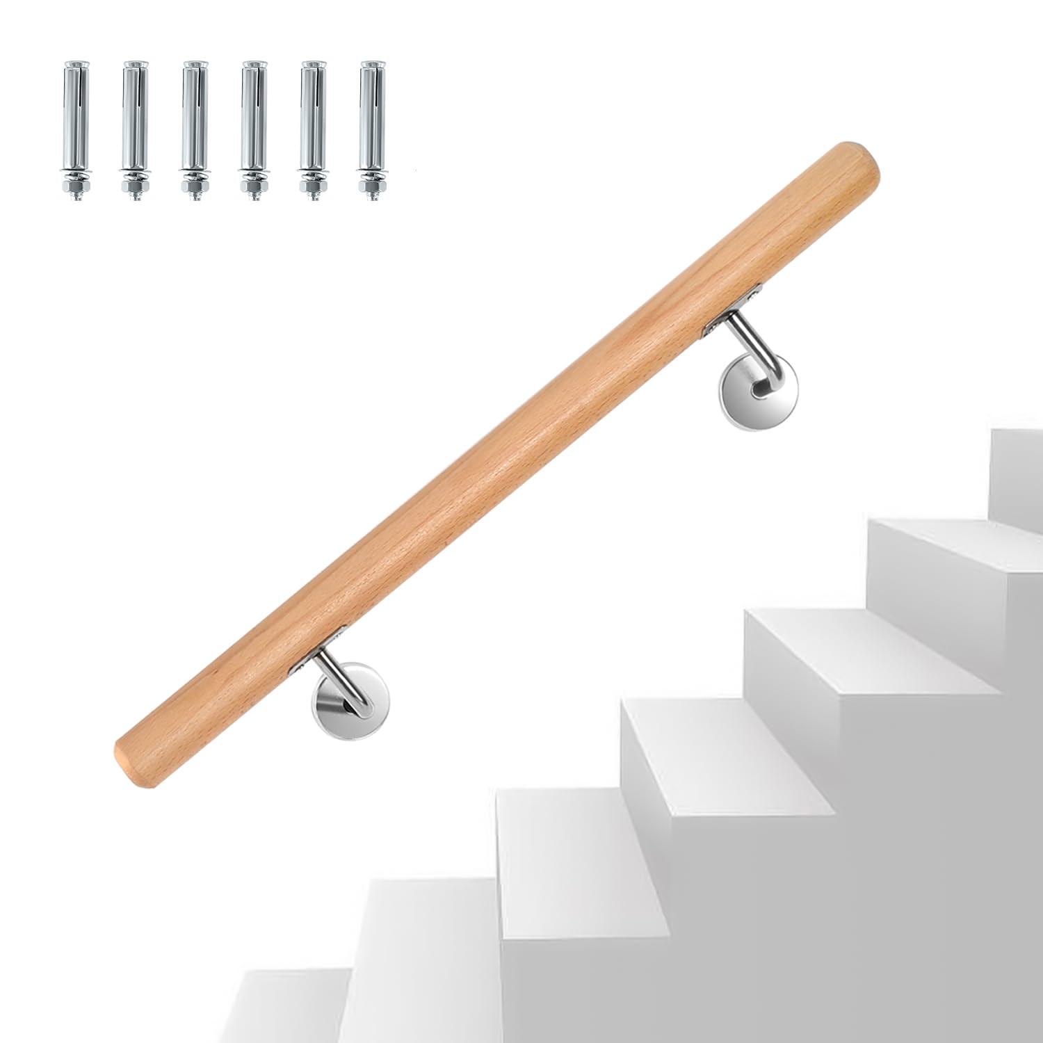 Main courante en bois de hêtre, 100 cm - Rampe murale avec support mural et embouts, main courante antidérapante en bois pour escalier ou balcon, Ø rond de 42 mm
