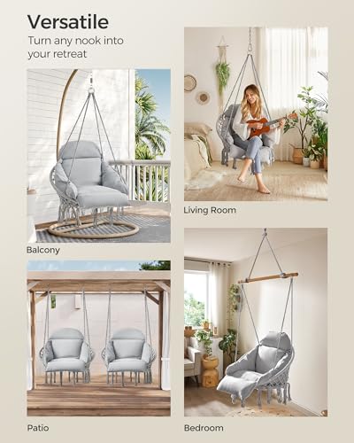 Image of SONGMICS Hanging Chair Thick Cushion Hammock Chair Accessories Included | Hammock Chair with Large, Thick Cushion, Boho Swing Chair for Bedroom, Patio, Balcony, Dove Gray UGDC042G11