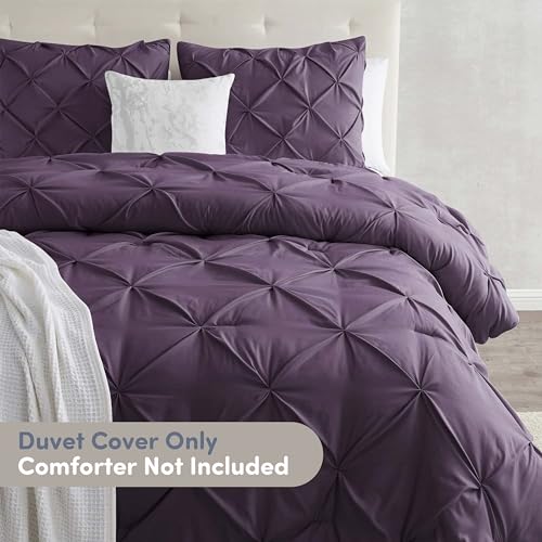 Image of Nestl Purple Duvet Cover Full Size - Soft Double Brushed Duvet Set with Button Closure & Corner Ties, 3 Piece Luxurious Pinch Pleated Duvet Cover Set 80x90 Inches with 2 Pillow Shams
