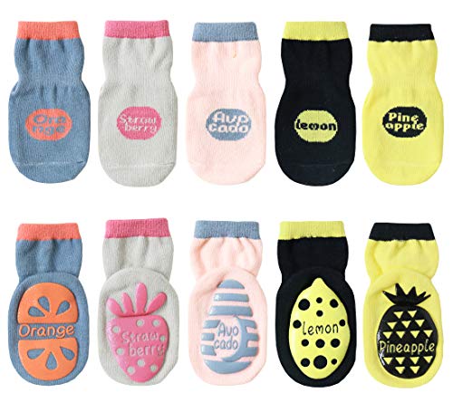 Pro1rise Baby Non Slip Grip Ankle Socks with Funny Non Skid Soles for Infants Toddler Kids Boys Girls Gift Set 5 Pairs, Pink, Medium
