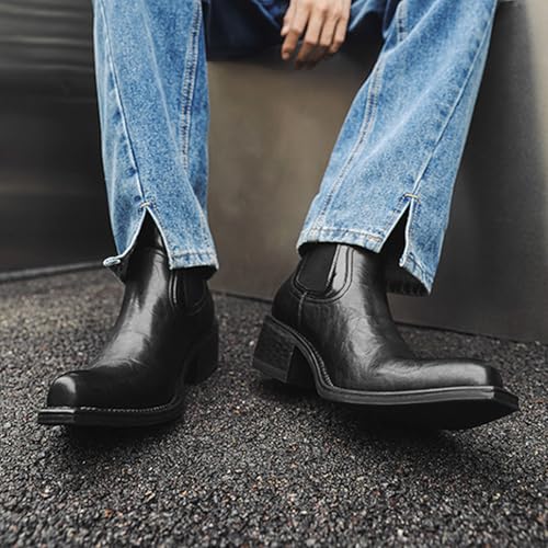 Men's Pointed Toe Chelsea Ankle Boots Leather Elastic Slip On Low Heel Western Dress Boots High Top Business Formal Chukka Boots3