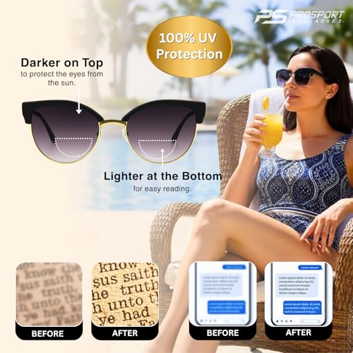 Image of proSPORT Women's Bifocal Reading Sunglasses - Cateye Frame, UV400 Protection, Gradient Lens, Lightweight Half Rim Readers