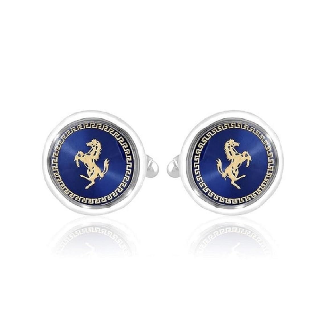Premium Horse Design Cufflinks for Men with Wooden Gift Box | Blue & Silver Round Shirt Cuff Links | Formal Wedding Business Party Accessories-image-31
