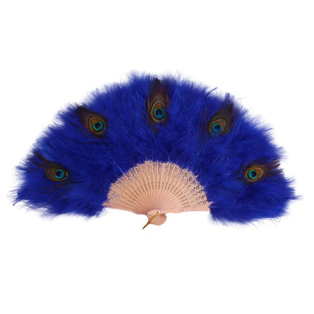 Abanico de plumas de pavo real plegable hecho a mano, decoración de boda, fiesta, baile, cosplay, ventilador portátil (azul)