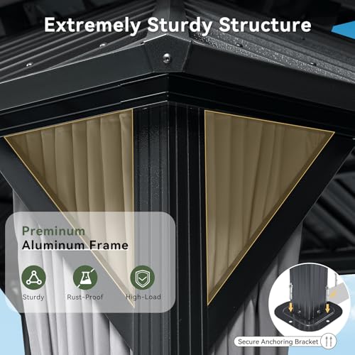 Aoxun 12'x10' Hardtop Gazebo with Light, Aluminum Frame Permanent Pavilion with Curtains and Netting, Outdoor Galvanized Double Roof Canopy, Designed for Garden, Lawns, Patio (Black/Grey)