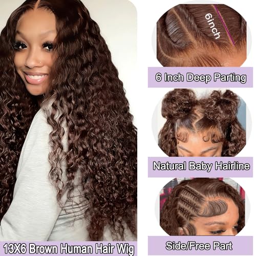 Zhengshuo Chocolate Brown 13x6 Lace Front Wigs Human Hair Water Wave wig, 200 Density HD Transparent Lace Frontal Deep Wave Wigs for Women, Pre Plucked With Baby Hair, Curly Wig Brown Color 20inch — view 2