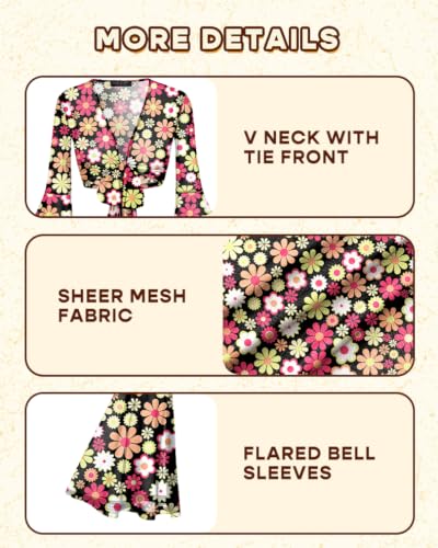 Image of For G and PL Women Tie Front Bell Sleeve Rave Crop Tops Floral Print Hippie Mesh Sheer Shirt