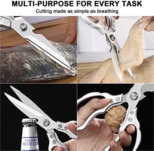 CGBE Kitchen Scissors, Multi-Purpose Kitchen Shears, Heavy Duty Dishwasher Safe Food Scissors, Non Slip Stainless Steel Sharp Cooking Scissors for Kitchen, Chicken, Poultry, Fish, Meat, Herbs-Silver