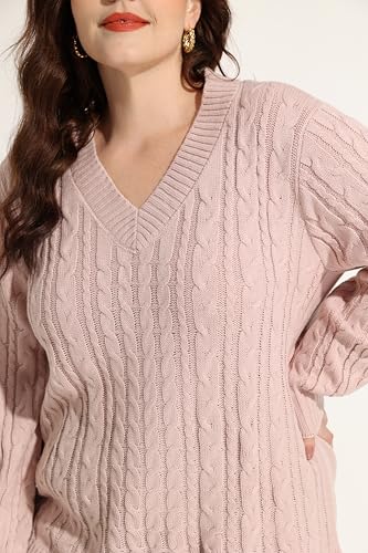 Image of CARCOS Plus Size Sweaters for Curvy Women Long Sleeve Cable V Neck Sweater Knit Pullover Preppy Style Fall Winter XL-5XL