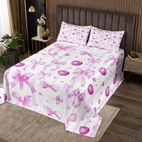 Dreamy Princess Style Bedspread Queen Size Kids Coquette Bows Quilted Coverlet For Teens Kawaii Oriental Cherry Coverlet Set Breathable Soft Lightweight Microfiber Cute Bowknot Room Decor Bed Cover