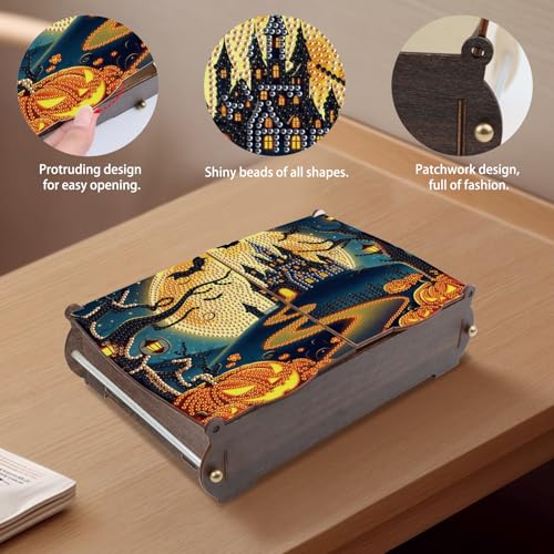 Image of MVVMTOP Diamond Painting Kit Wooden Storage Box, Hallowmas DIY Pumpkins and Castle Special Shaped Diamond Art Flip Cover Wooden Money Box, Handmade Art Desktop Decorations Birthday Gifts for Friends