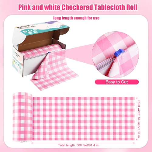 Image of Kochorie 54 Inch x 300 Ft Light Pink Checkered Plastic Table Cloth Roll Disposable Waterproof Table Cover Plastic Table Cover Roll with Easy Slide Cutter for Outdoor Picnic /Home Dining /Spring Party