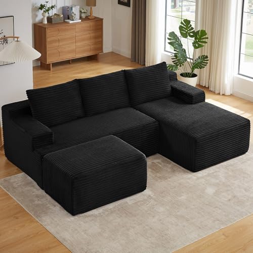 Image of 96 inch W Cloud Sectional Couch with Ottoman,Modern U-Shaped Cloud Couch with Side Pockets,Comfy Corduroy Sofa,Memory Foam Sofa for Living Room,No Assembly (Black,Right-Facing Chaise)