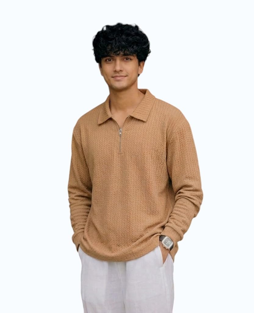 adixus Men's Long Sleeve Quarter Zip Polo T-Shirt, Textured Knit, Collared Casual T-Shirt-picture-57
