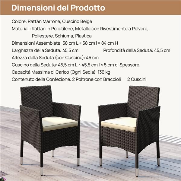 Yaheetech Set di 2 Sedie da Giardino in Poly Rattan con Braccioli e Schienale Regolabile, per Esterno