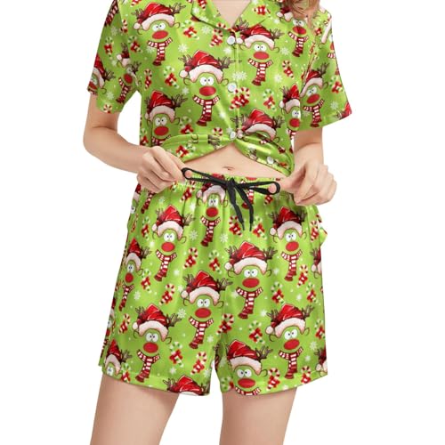 Image of Silk Satin Pajama Set for Women Summer Lounge Pjs Sets 2 Piece Suit Ladies Button Down Tops And Shorts Sleepwear