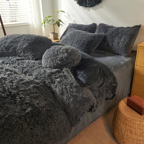 Faux Fur Fluffy Dark Grey Comforter Cover Twin Set – Plush Faux Fur Dark Grey Bedding 2-Piece Set (1 Furry Duvet Cover + 1 Shaggy Pillow Sham) Cozy Bed Set
