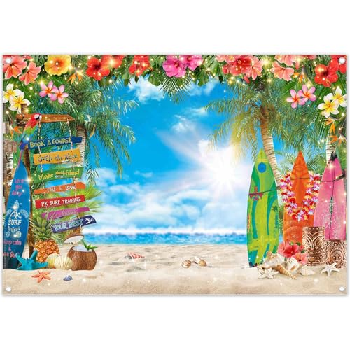 Luminora 2,1 x 1,5 m sfondo estivo con sole hawaiano e spiaggia, fiori tropicali, foglie di palma, tavola da surf, sfondo aloha, cielo blu, mare, decorazione per feste, supporto per foto