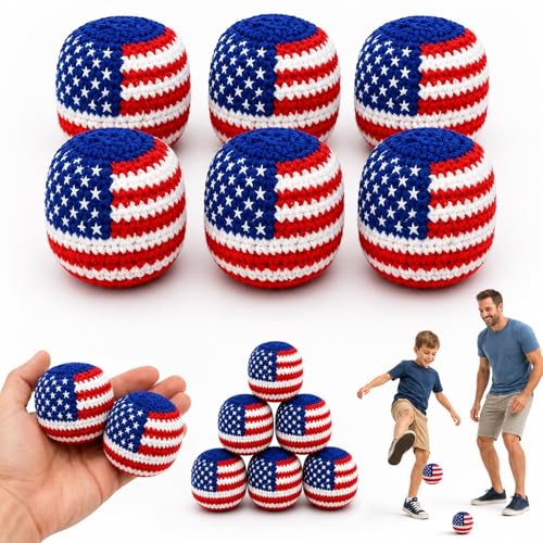 USA Flag Hand-Made Crochet Footbag Sacks 2026 Patriotic Red White Blue Knitted Kick Sack for Adults Teens & Family Beginner Outdoor Game for Backyard Beach (6 PCS)
