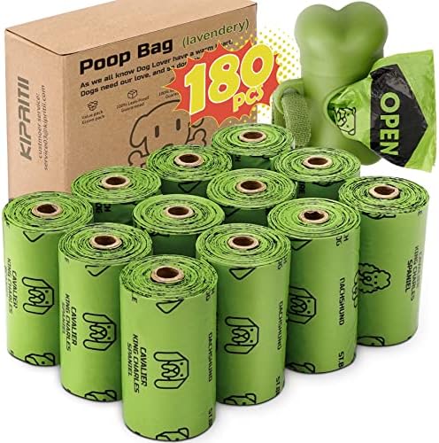 KIPRITII Strong-Endurance Dog Poop Bag Set with Dispenser & Leash Clip, Thick Waste Poop Bags for Puppy/Small/Medium/Large Dog & Cat, Lavender Scented,180 Count