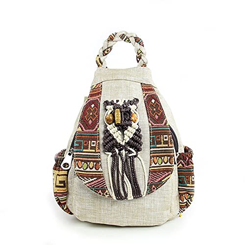 Image of Womens Boho Cotton Hemp Cloth Backpack Boho Vintage Embroidered Casual Purse Handbags Messenger Bag Owl