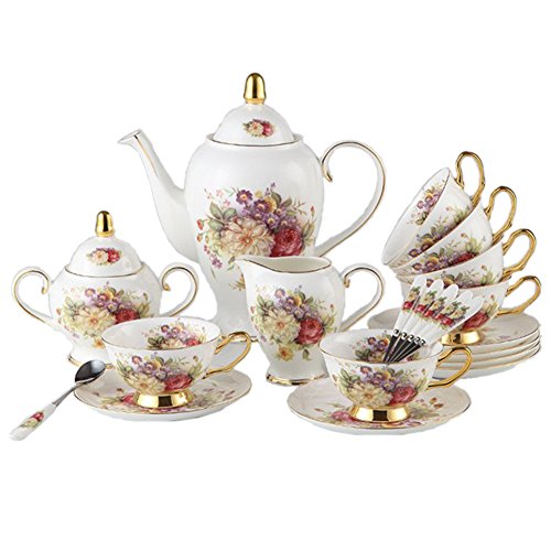 Juego de té Touch Life de porcelana con decoración de flores en color blanco y rojo, 21 Pcs coffee set, 21 Pcs coffee set