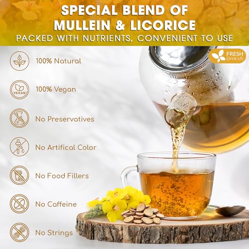 Image of FreshDrinkUS, Premium 55 Mullein Licorice Tea Bags, 100% Natural, Blend of Mullein Leaves, and Licorice Root. Made with Natural Material Tea Bags. No Sugar, Vegan.