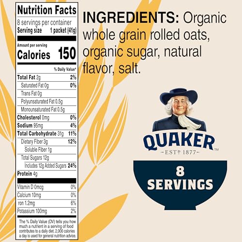 Image of Quaker Organic Instant Oatmeal, Maple & Brown Sugar, Breakfast Cereal, 1.44 Oz (Pack of 8)