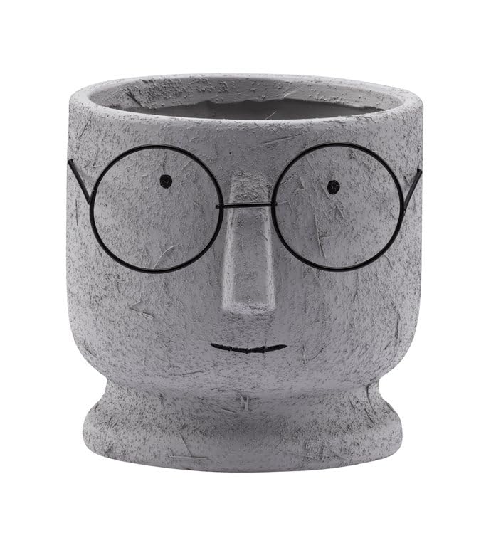 Napco Whimsical Figural House Plant Succulent Herb Flower Pot 6 x 6.25 Inch Ceramic Gray with Sculpted Face and Black Glasses – Playful Contemporary Accent for Stylish Home or Office Décor