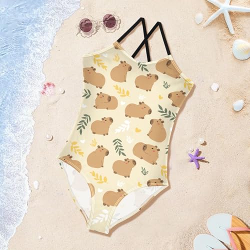 Image of Girls One Piece Swimsuits Cute Capybara Simple Flower Yellow Pattern Cute Swimwear Bathing Suits 3-10T