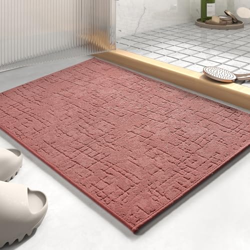 AMOAMI-Bath Mat-Absorbent Quick Dry Bathroom Floor Mats-Washable Rubber Backing Bath Mats for Bathroom Rugs Fit Under Door-Bath Rug for in Front of Sink Bathtub Shower Room, Rose 17''x24'' R