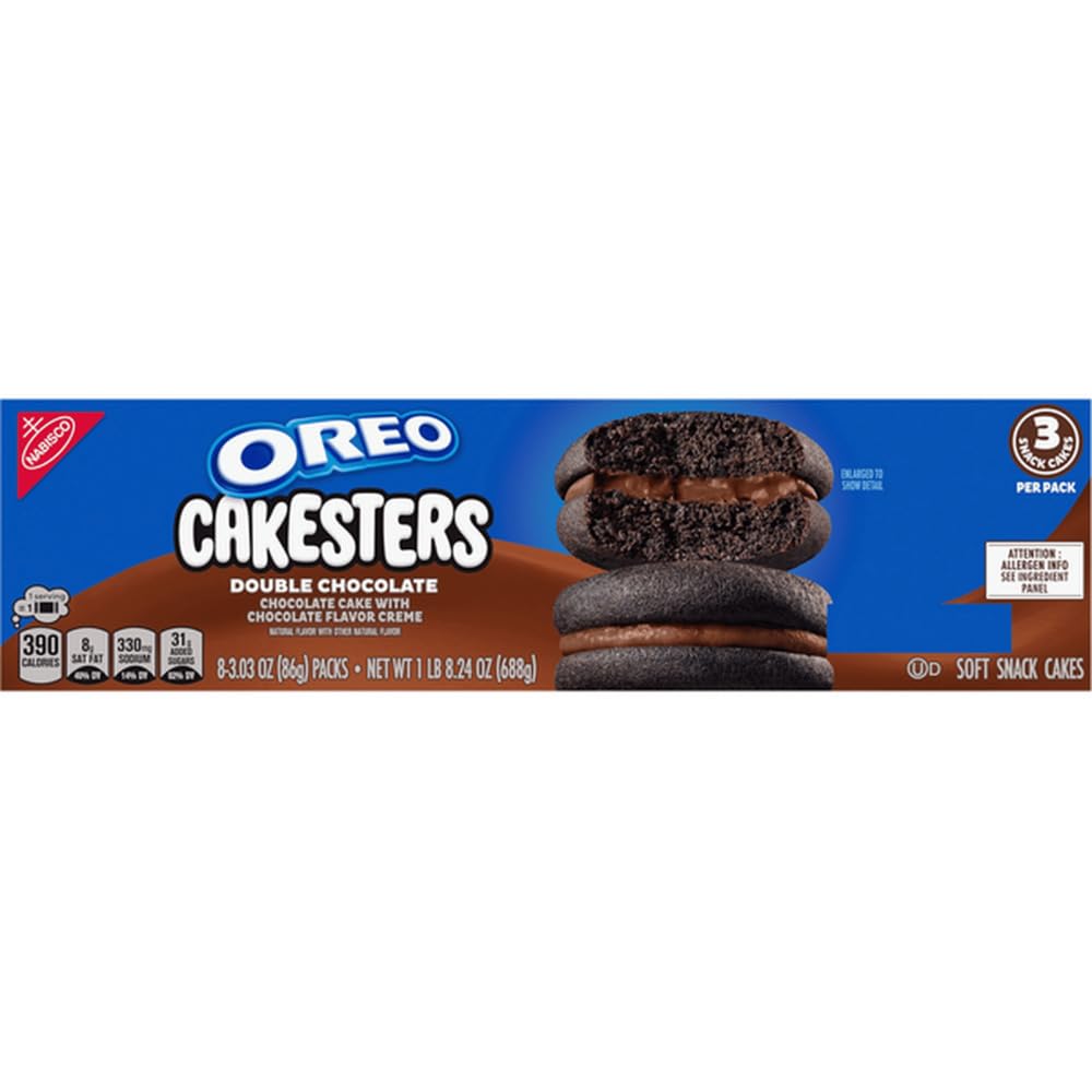 Condition photo showing New/Like New for nabisco oreo cakesters chocolate soft snack cakes, king size, 8 packs (3 cakesters per pack, 3.03 oz each pack) bb jan 26
