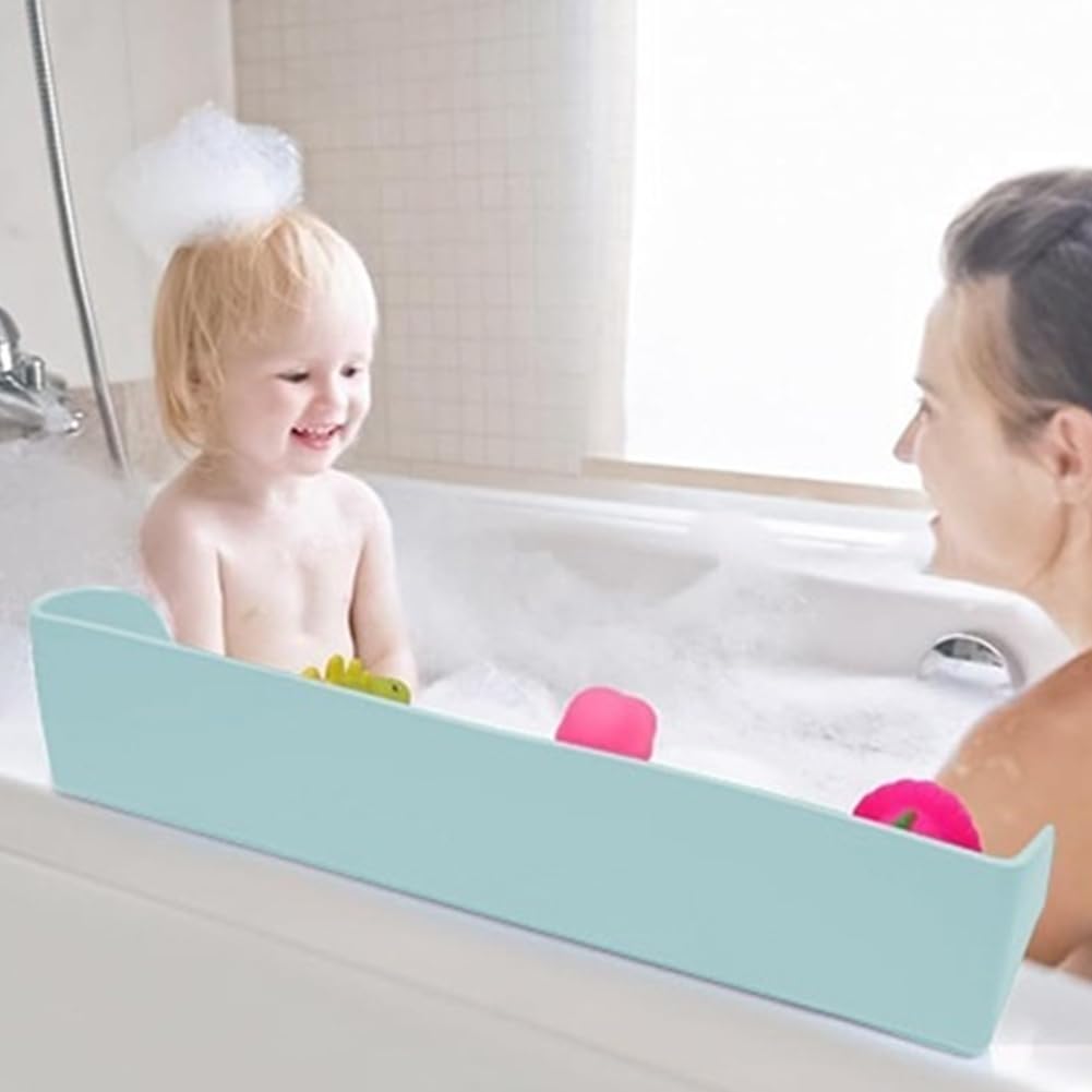 Longer Bathtub Splash Guard for Tub Kids, Silicone Bath Tub Splash Guard with Strong Suction Cups Bathtub SplashGuard Play Shelf with 3°Drainage Slope Doll Tray Caddy Holder Storage for Kids
